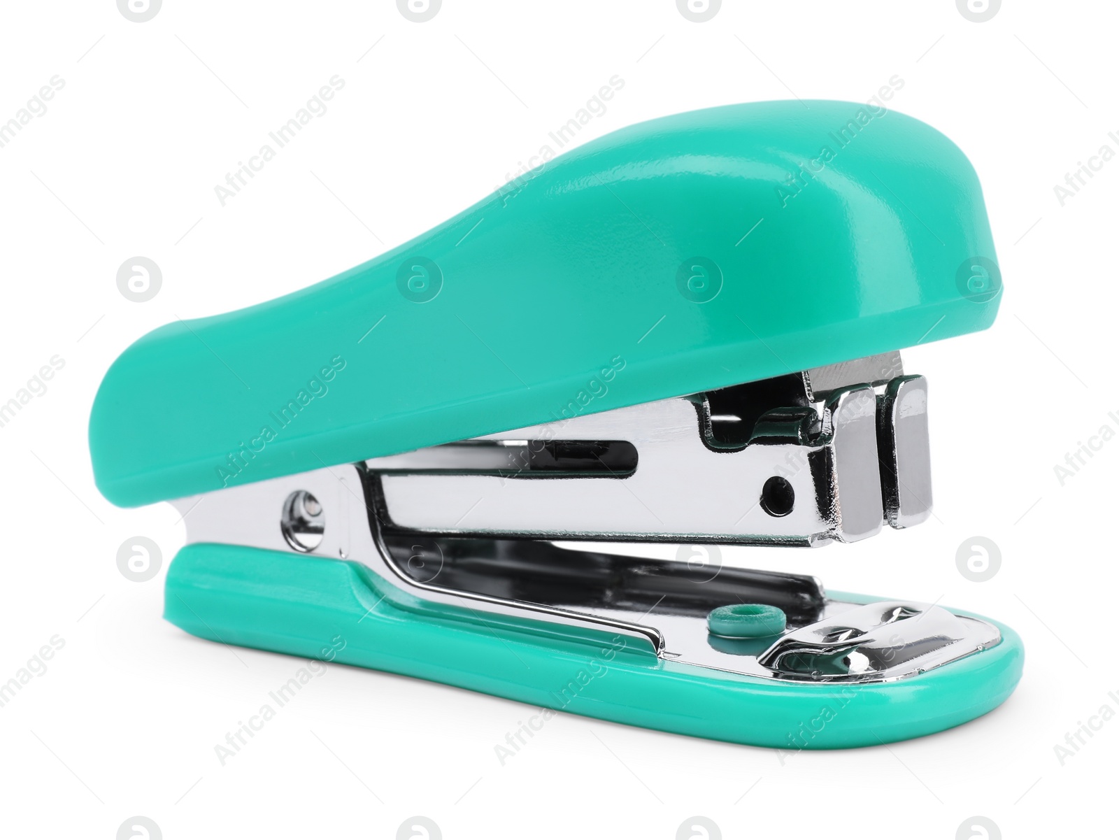 Photo of One new turquoise stapler isolated on white