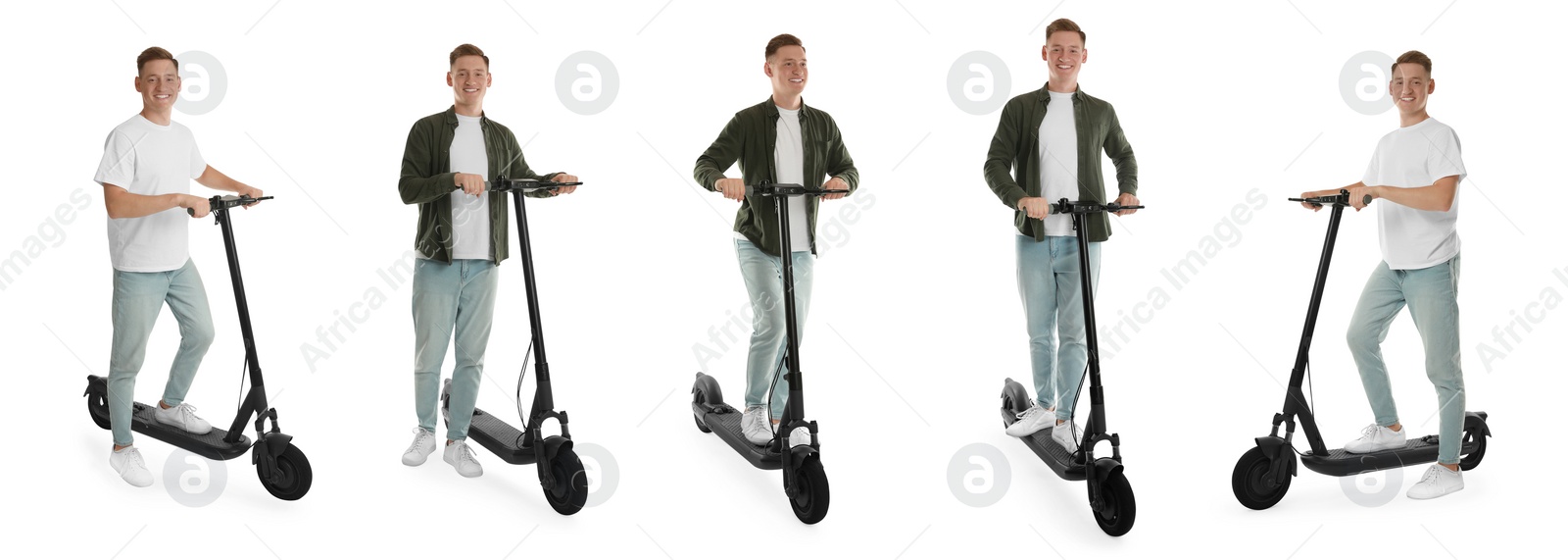 Image of Man with electric kick scooter isolated on white. Set of photos