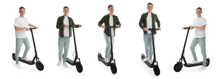 Man with electric kick scooter isolated on white. Set of photos
