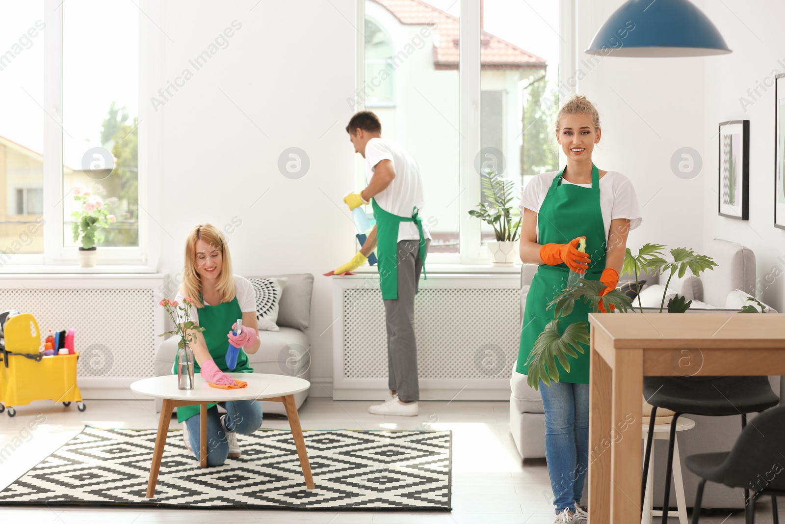 Photo of Team of professional janitors in uniform cleaning living room