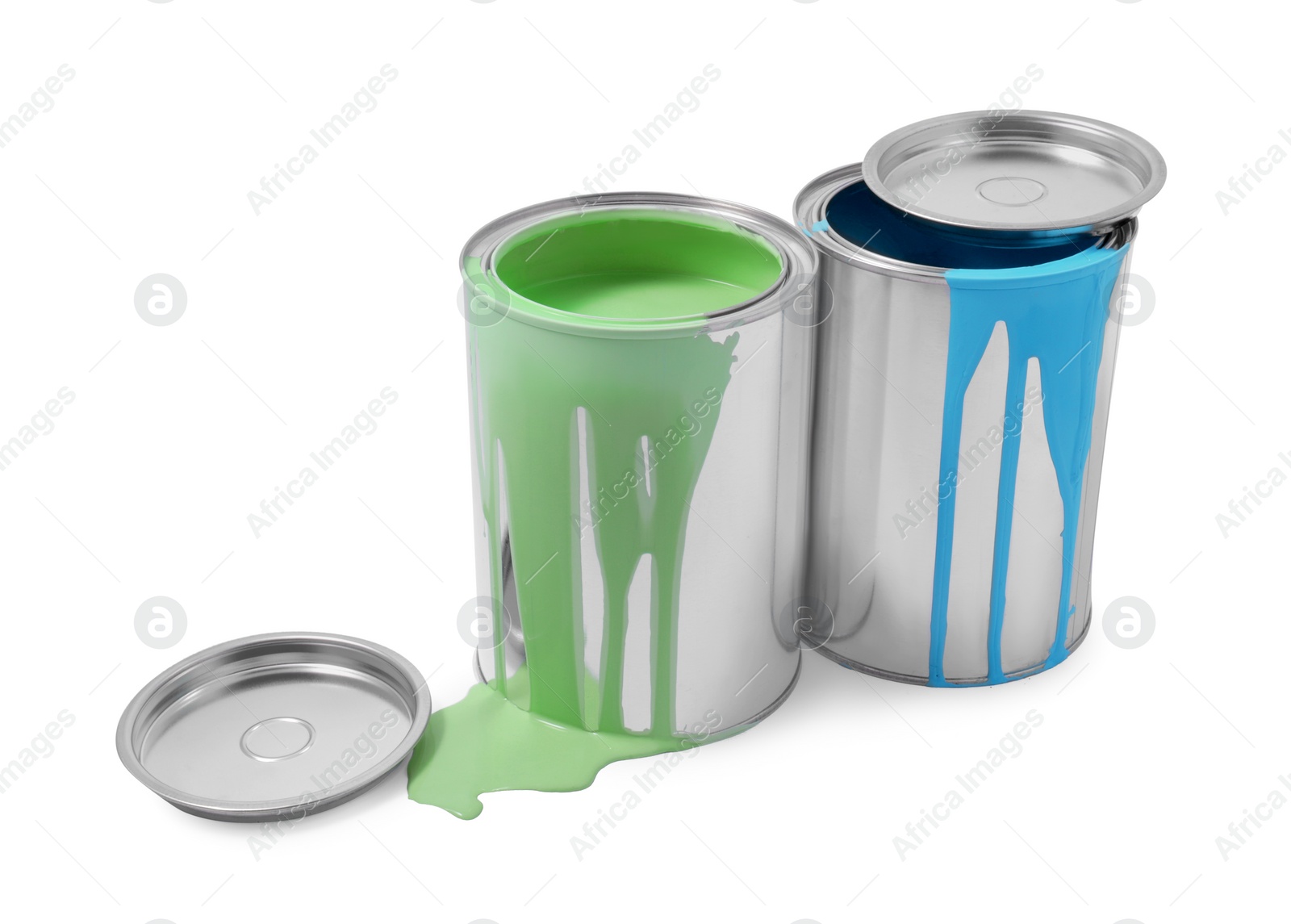 Photo of Cans of green and light blue paints isolated on white