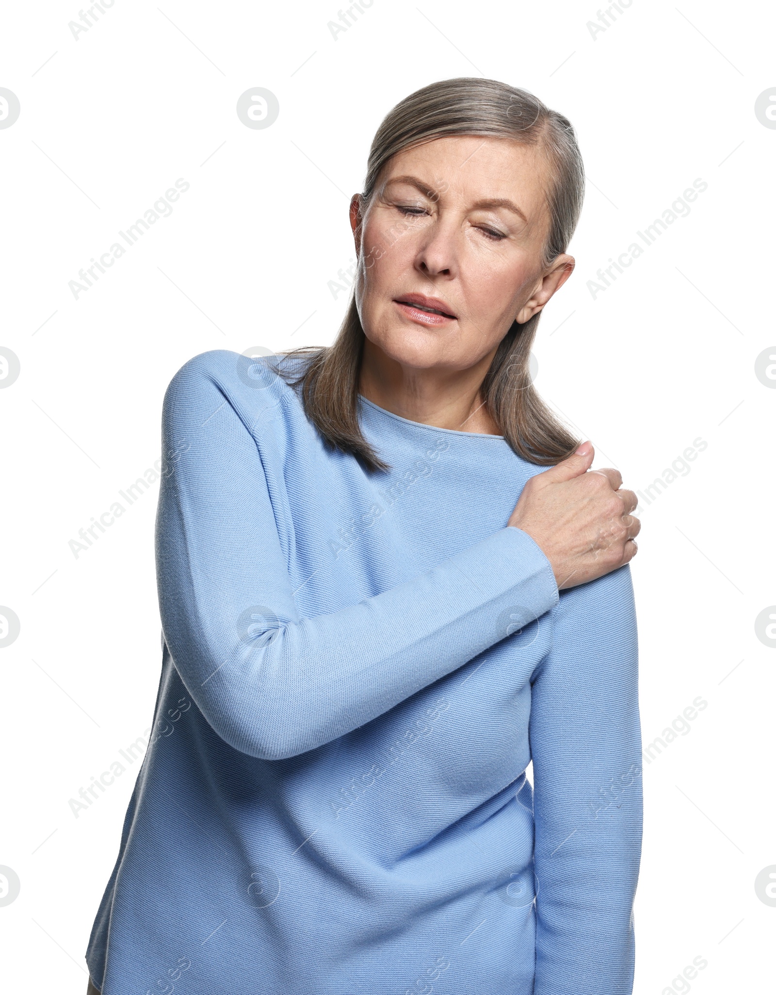 Photo of Arthritis symptoms. Woman suffering from pain in shoulder on white background