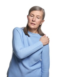 Arthritis symptoms. Woman suffering from pain in shoulder on white background