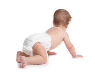 Cute little baby crawling on white background