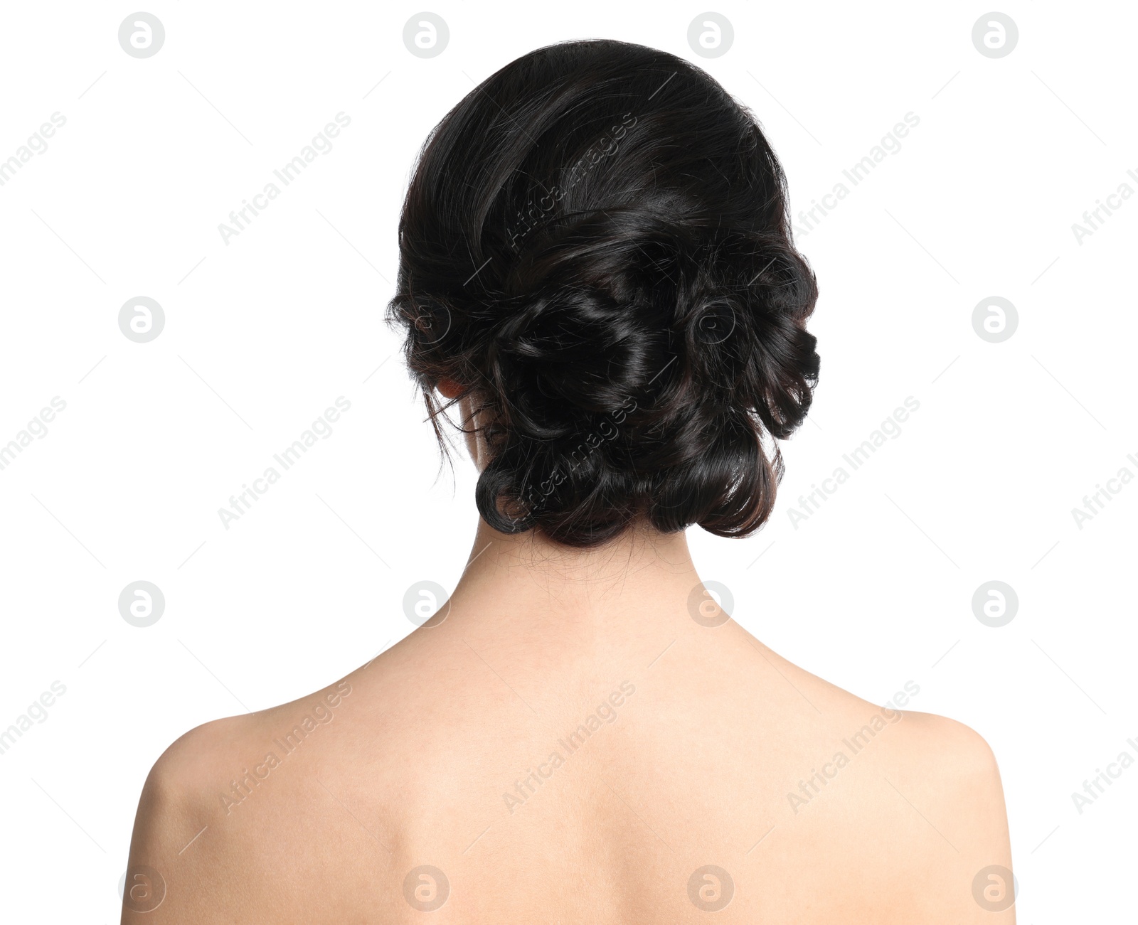 Photo of Young woman with beautiful hair on white background, back view