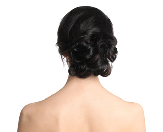 Photo of Young woman with beautiful hair on white background, back view