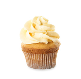 Photo of Delicious birthday cupcake decorated with cream on white background