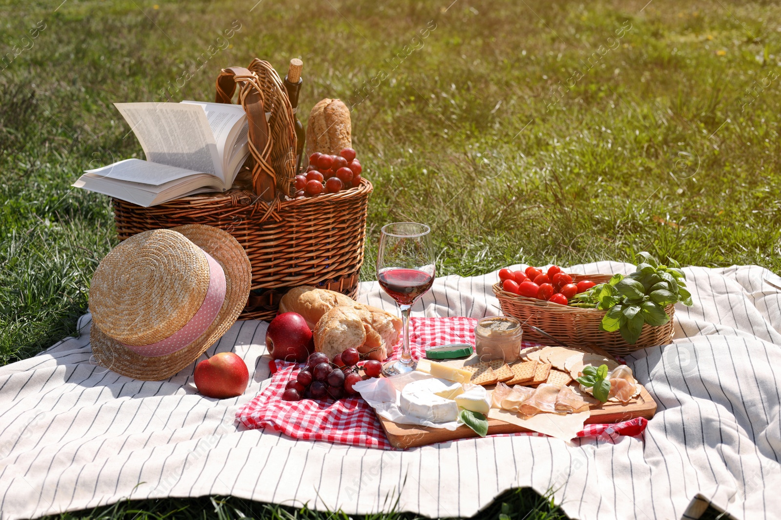 Photo of Blanket with picnic basket and different products on green grass
