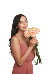 Young woman with beautiful bouquet on white background
