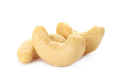 Photo of Pile of tasty organic cashew nuts isolated on white