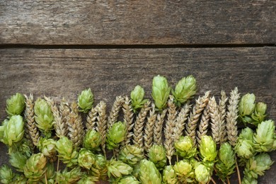 Photo of Fresh green hops and ears of wheat on wooden table, flat lay. Space for text