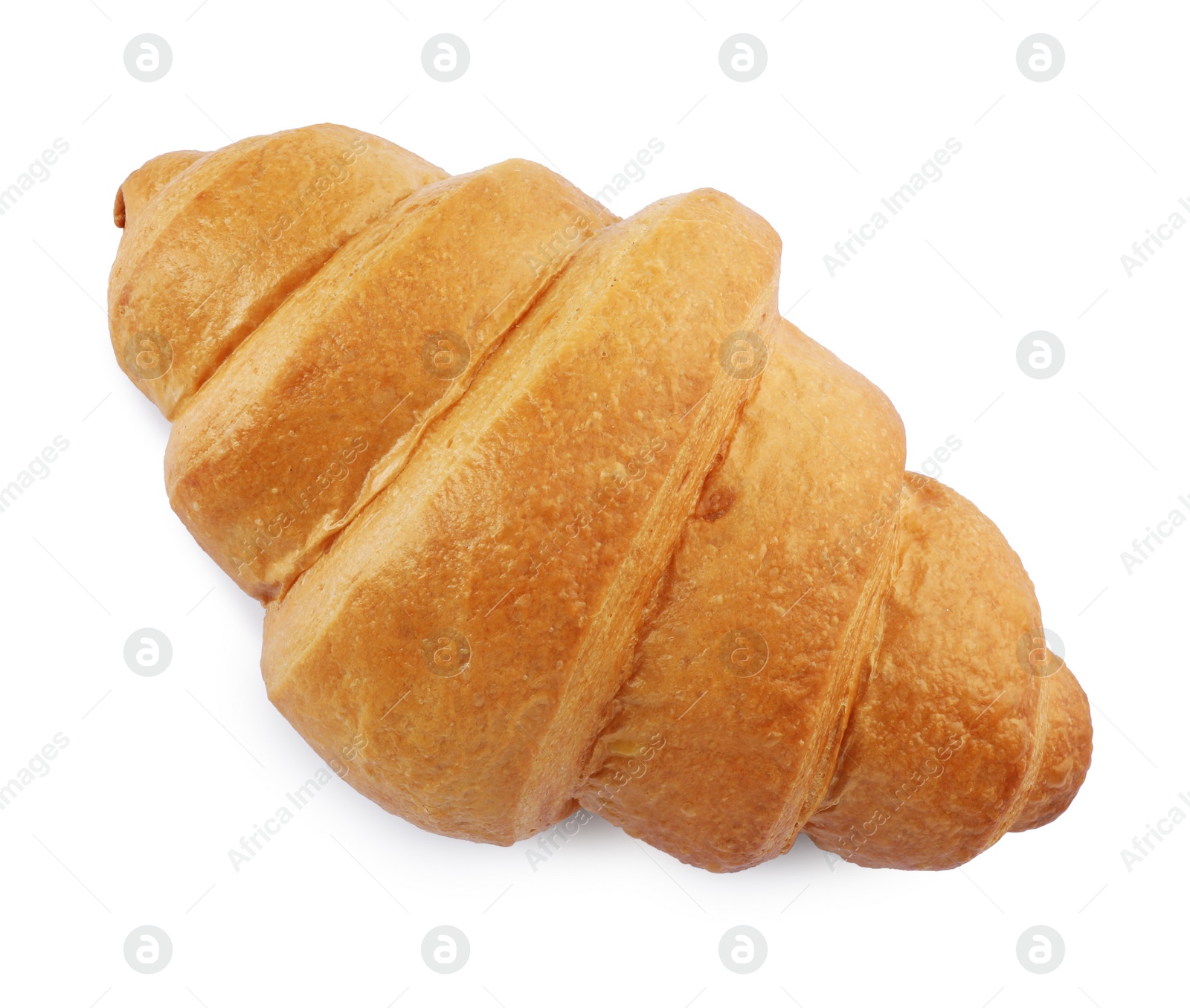 Photo of One delicious fresh croissant isolated on white, top view