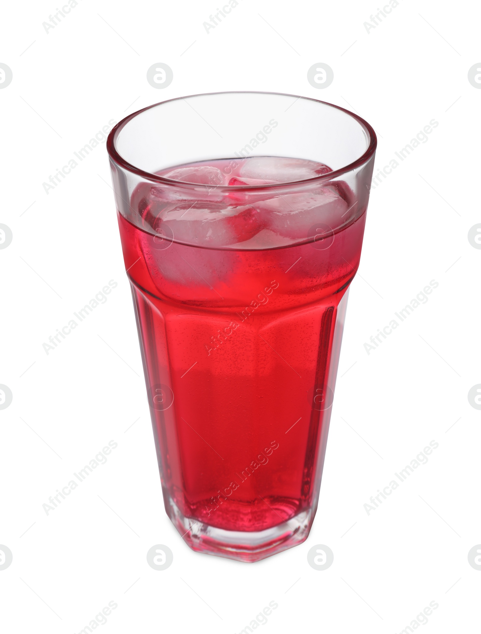 Photo of Glass of red soda water with ice cubes isolated on white