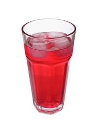 Glass of red soda water with ice cubes isolated on white