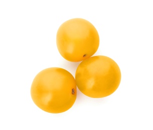 Delicious ripe yellow tomatoes isolated on white, top view