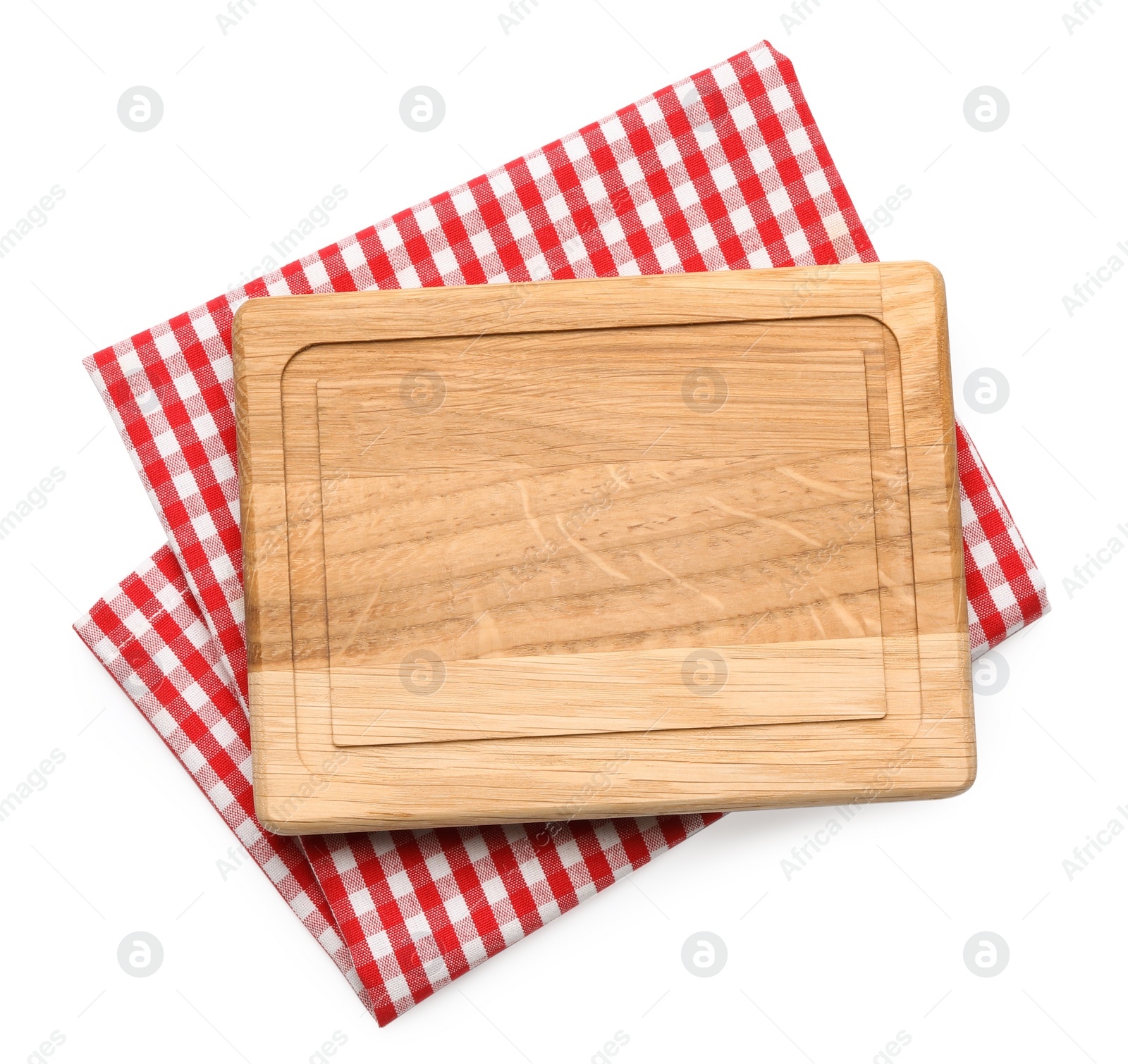 Photo of Empty wooden board and checkered napkin isolated on white, top view