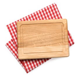 Photo of Empty wooden board and checkered napkin isolated on white, top view