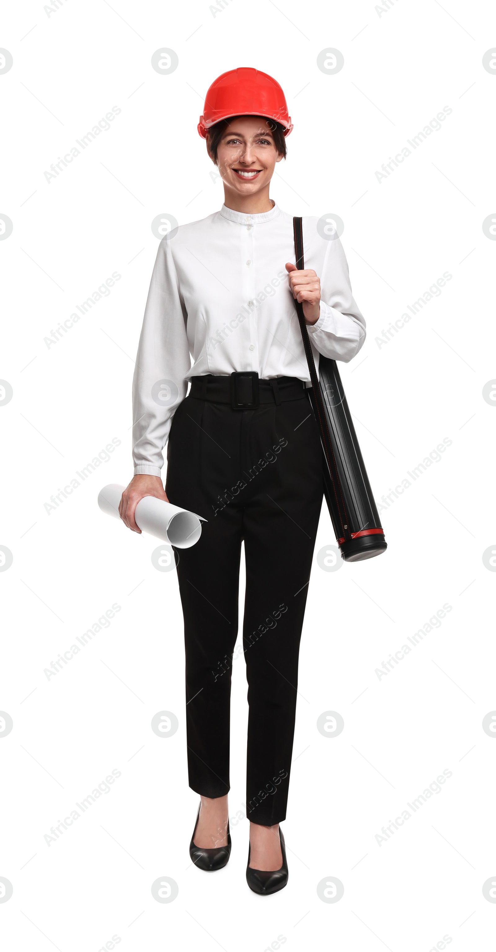 Photo of Architect with hard hat, tube and draft on white background