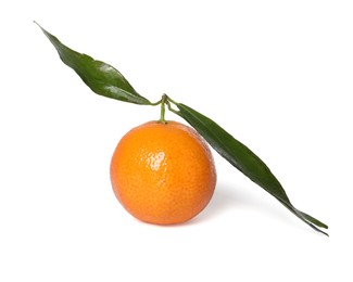 Photo of One fresh tangerine with green leaves isolated on white