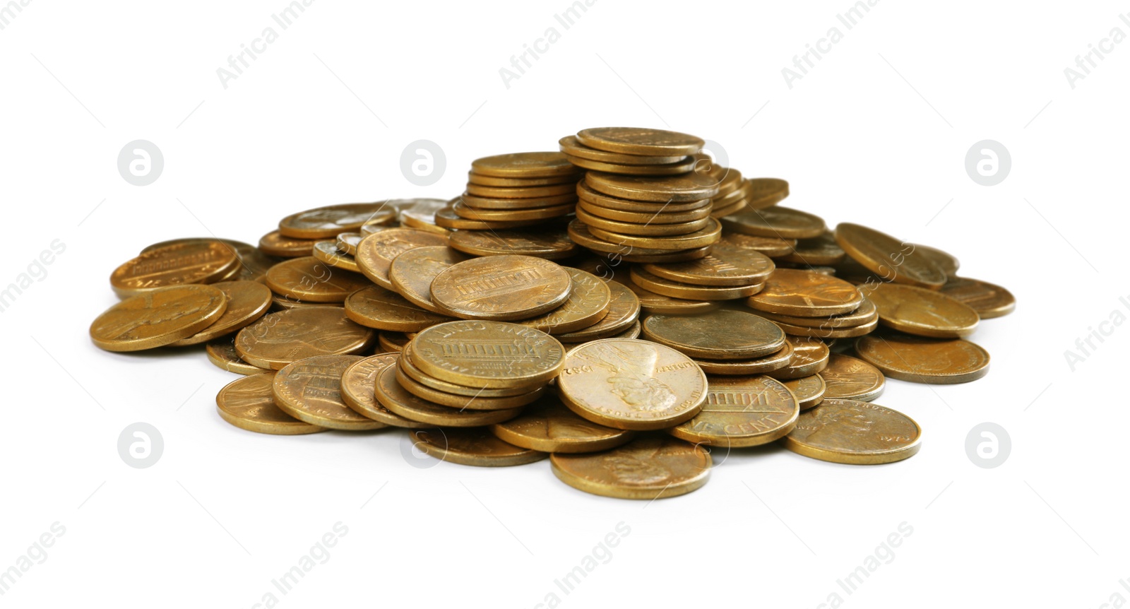 Photo of Pile of American coins on white background