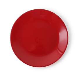 Photo of One red ceramic plate isolated on white, top view