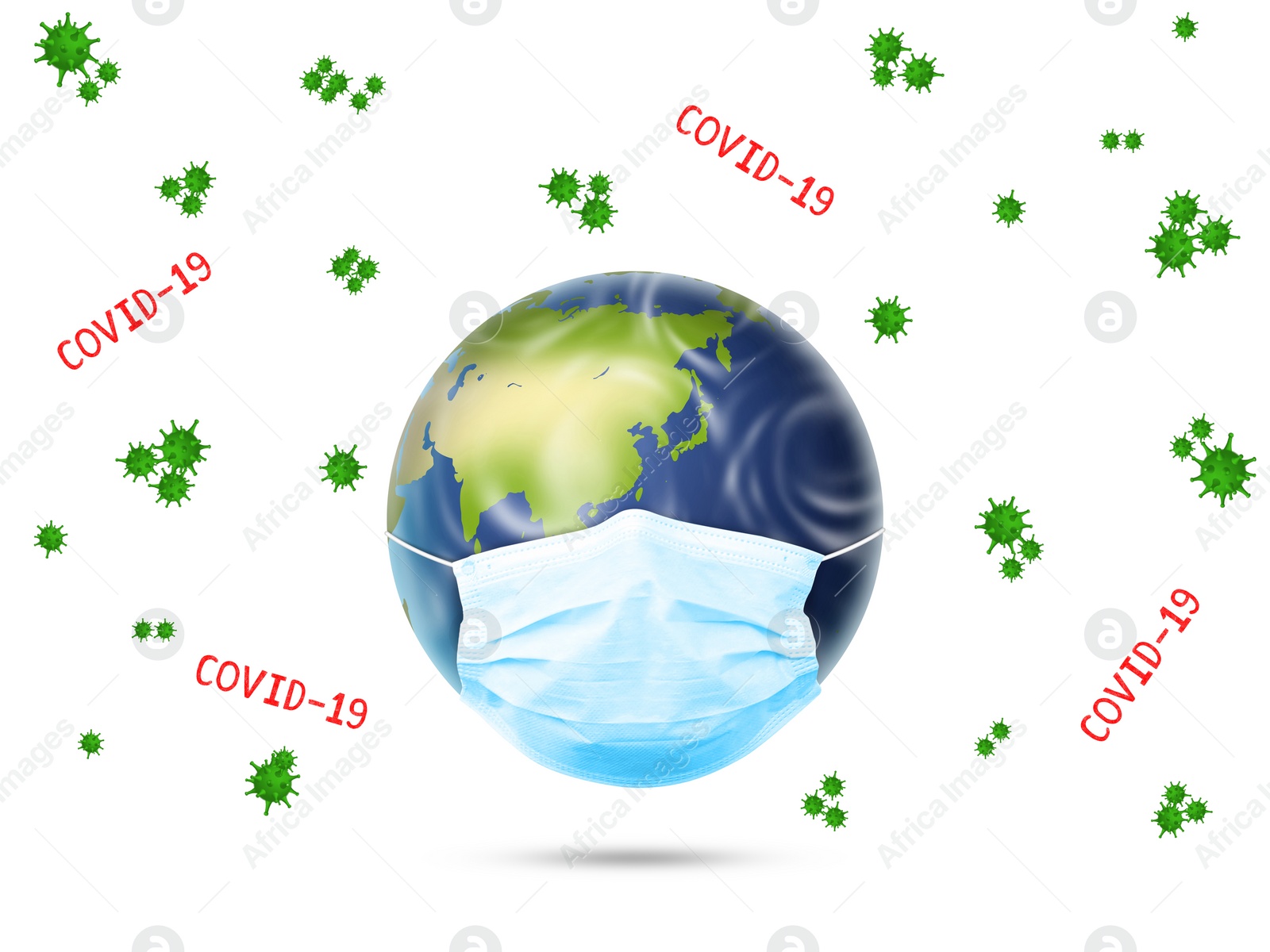 Image of Illustration of Earth with medical mask on white background. Dangerous coronavirus