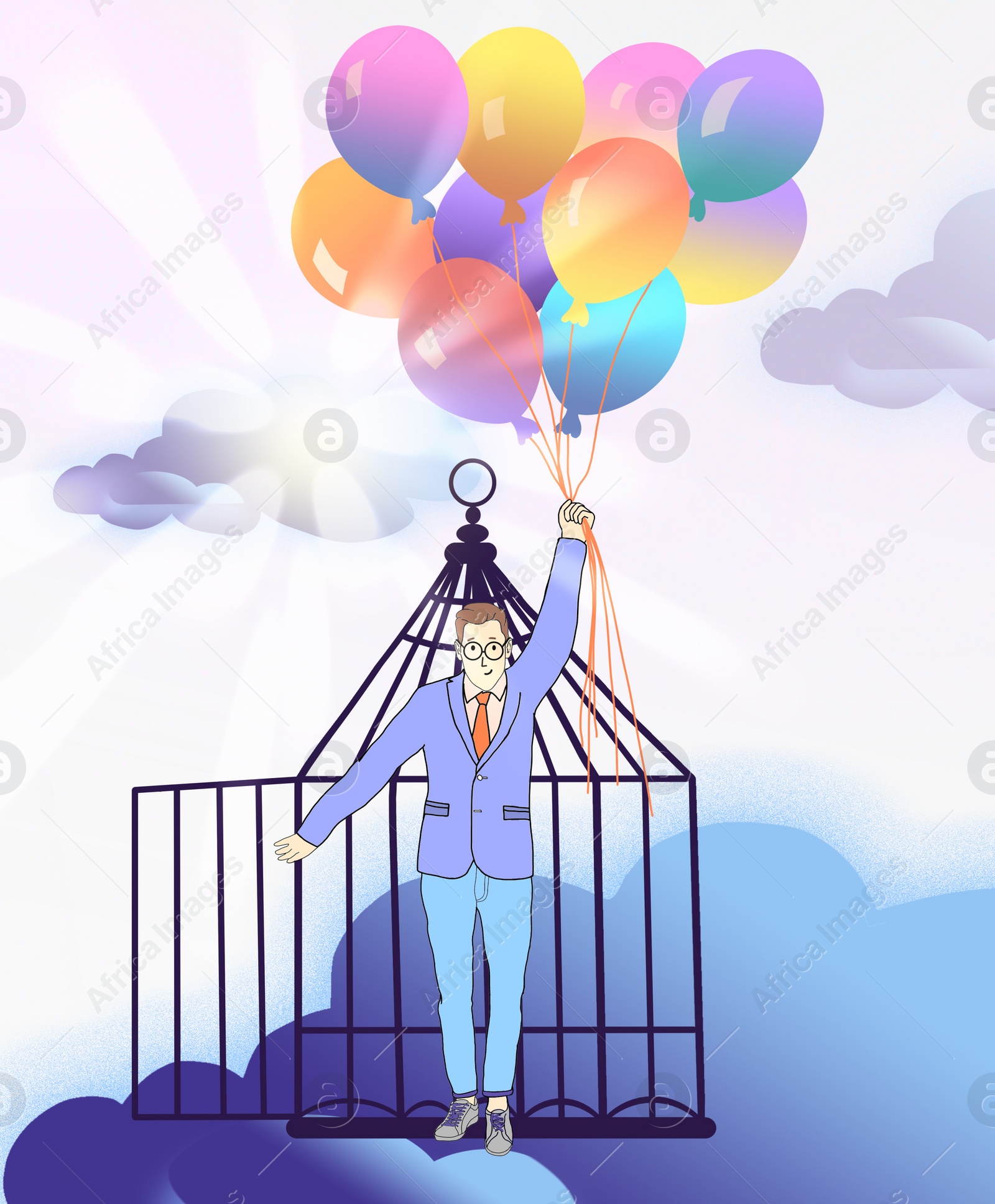 Illustration of Beautiful illustration demonstrating sense of freedom. Man with bunch of balloons leaving cage