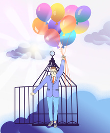 Illustration of Beautiful illustration demonstrating sensefreedom. Man with bunch of balloons leaving cage