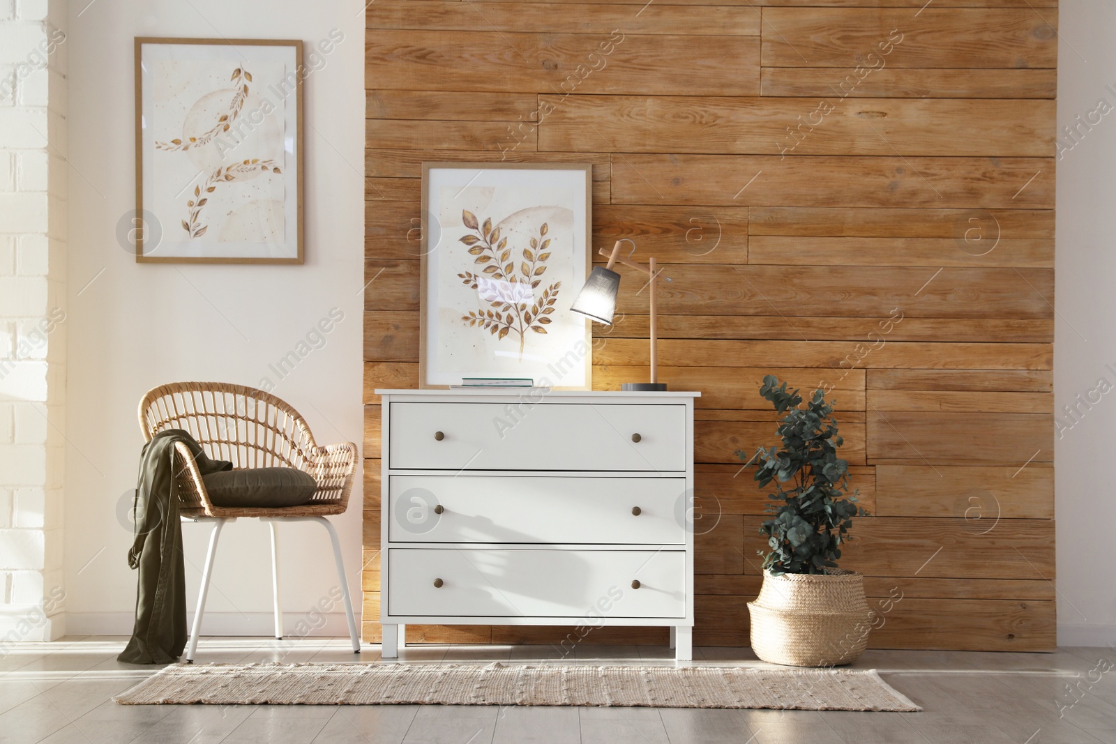 Photo of Stylish room interior with chest of drawers, wicker armchair and potted eucalyptus plant near wooden wall