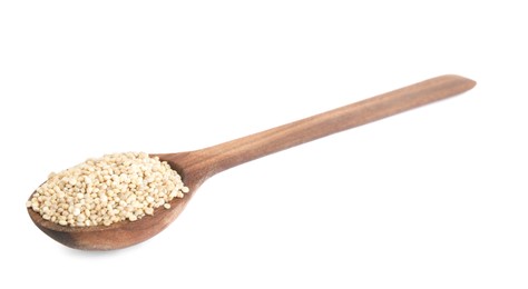 Photo of Wooden spoon with quinoa on white background