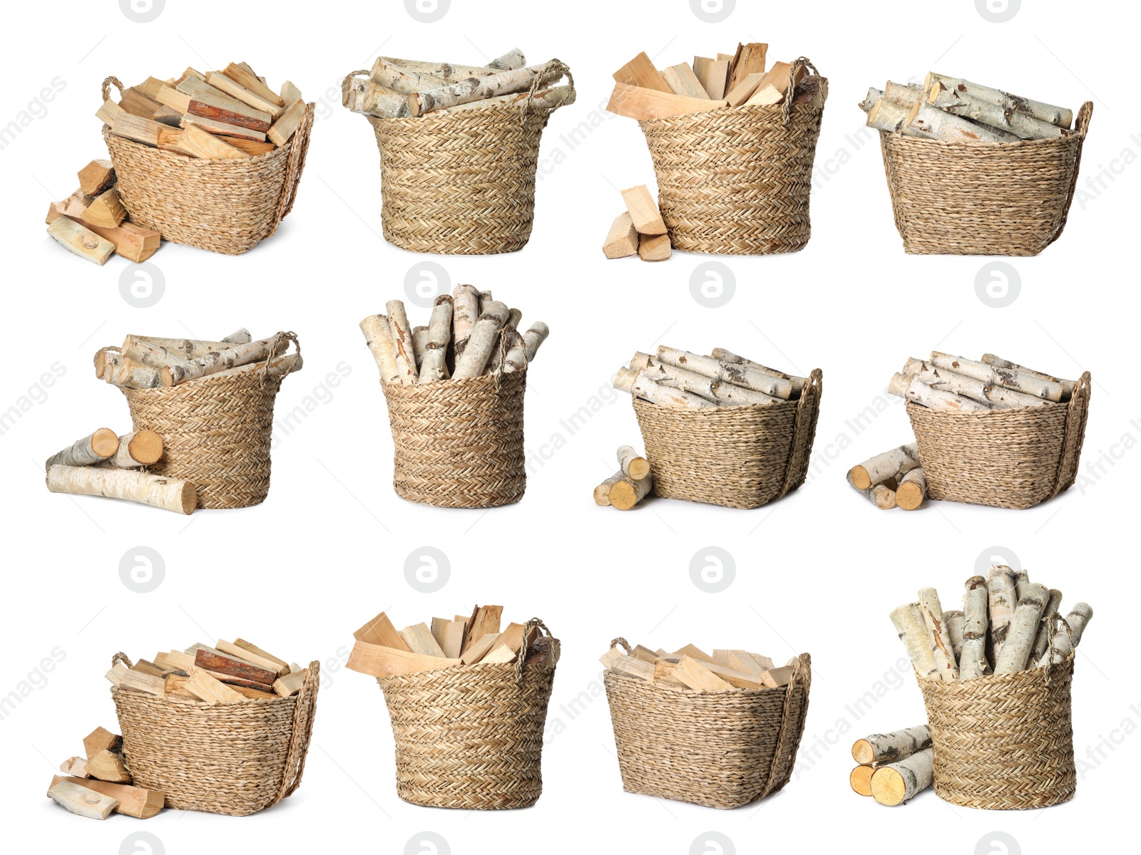 Image of Set of cut firewood in wicker baskets on white background