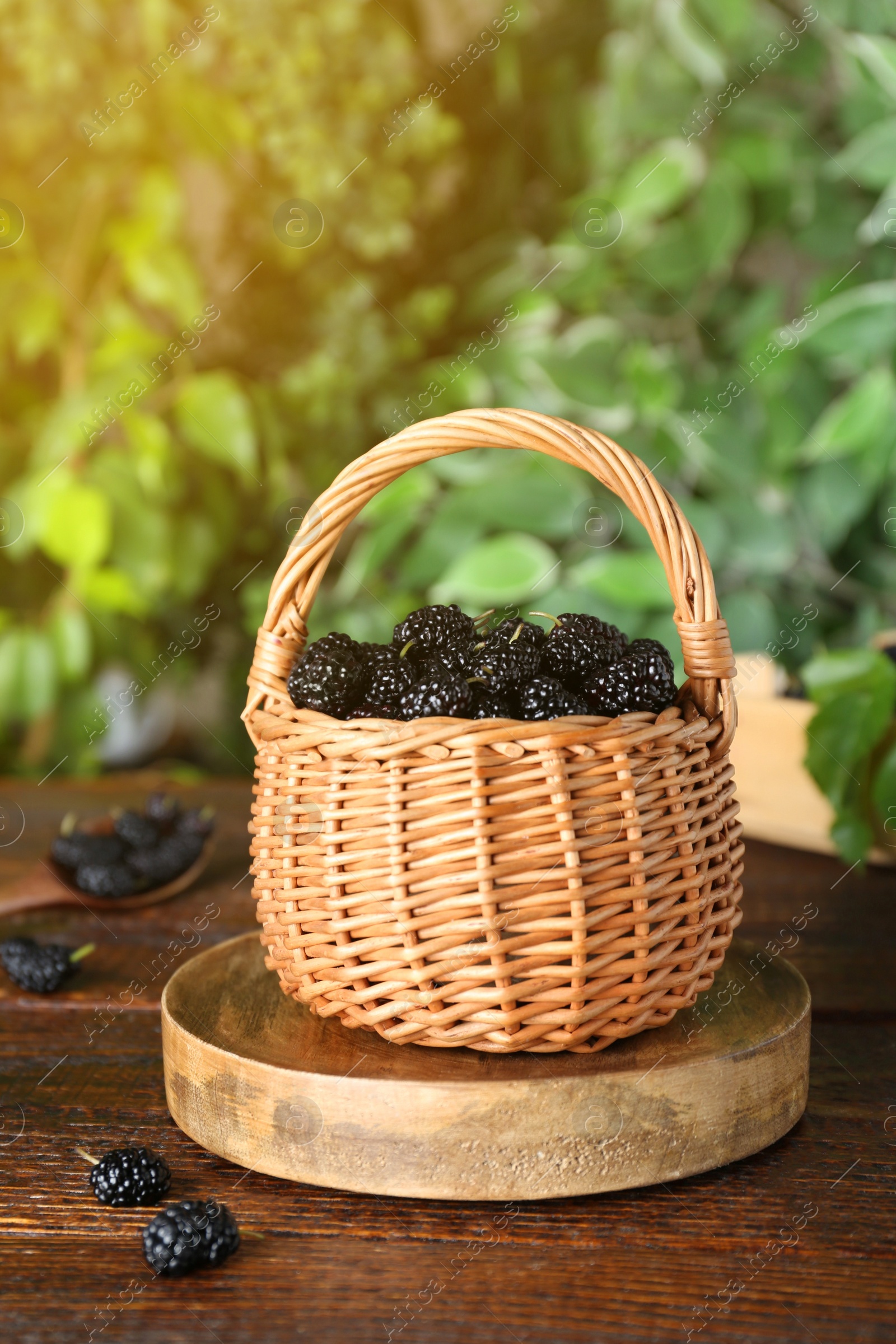 Photo of Fresh ripe black mulberries on wooden table against blurred background