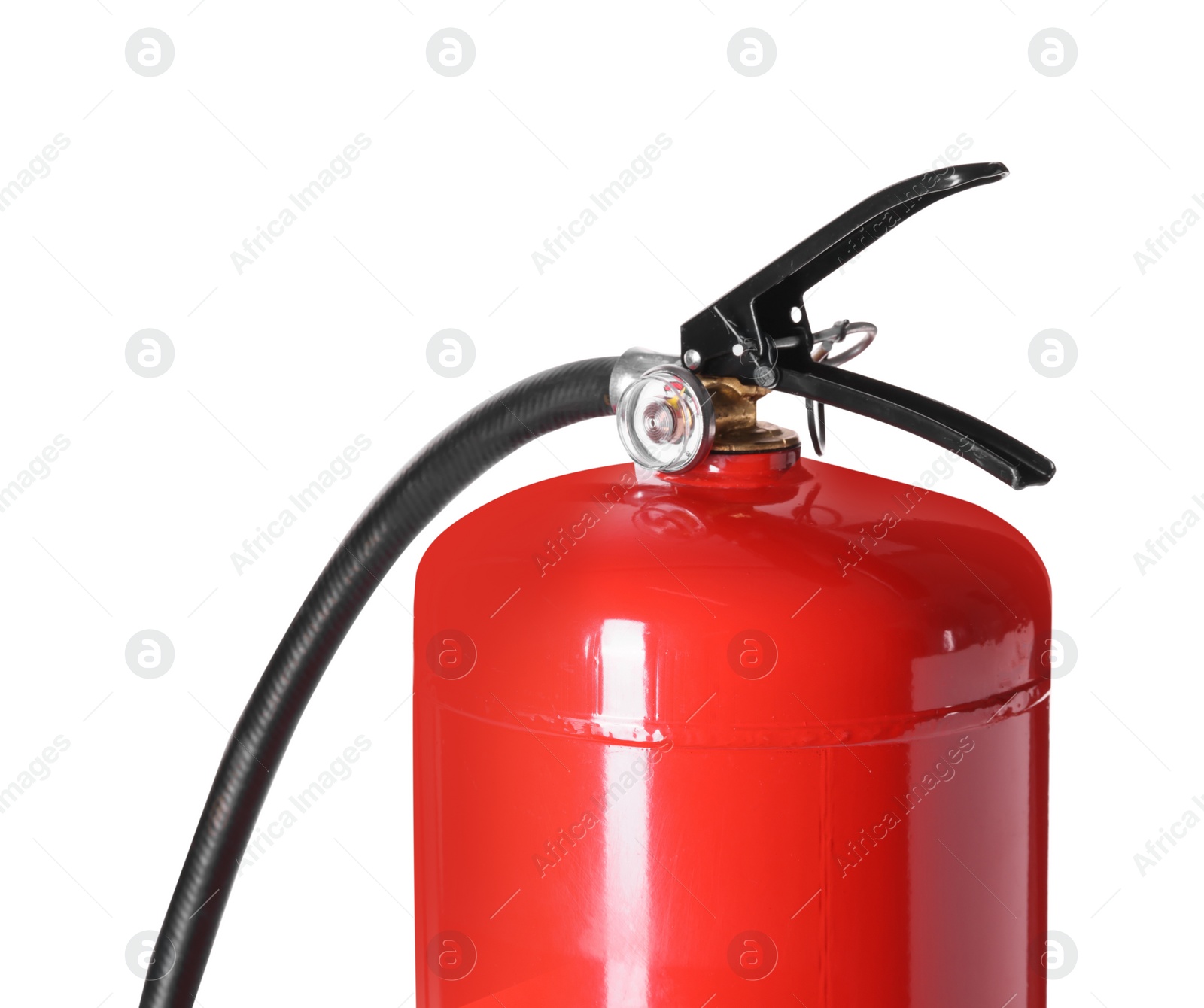 Photo of One red fire extinguisher on white background