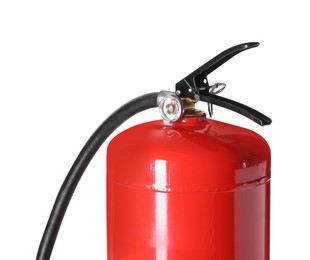 Photo of One red fire extinguisher on white background