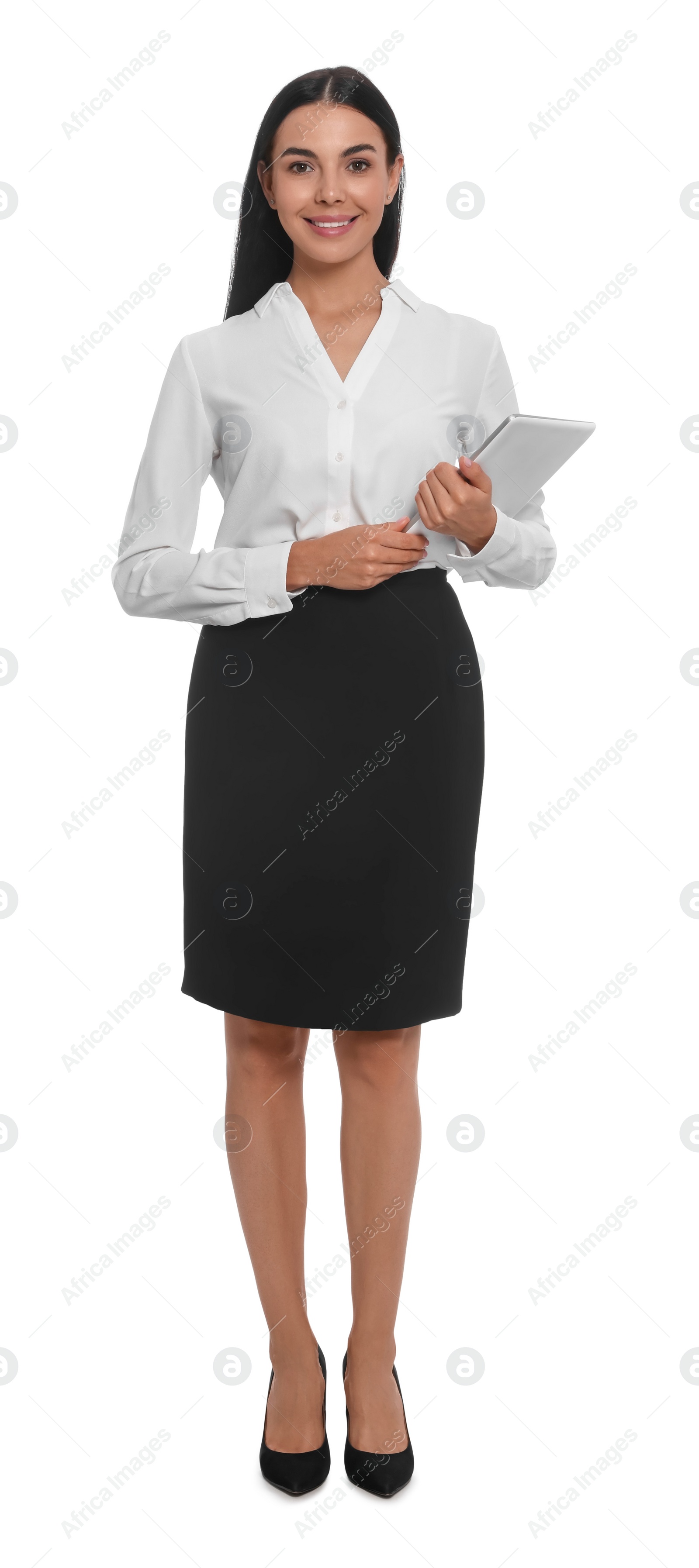 Photo of Full length portrait of hostess in uniform with tablet on white background