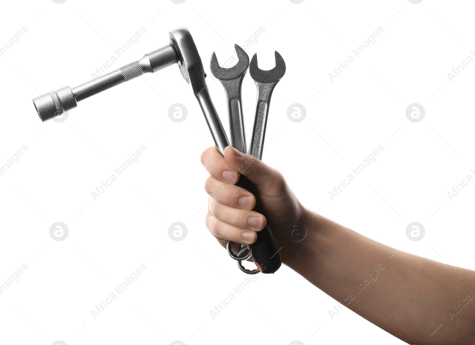 Photo of Auto mechanic holding different wrenches isolated on white, closeup