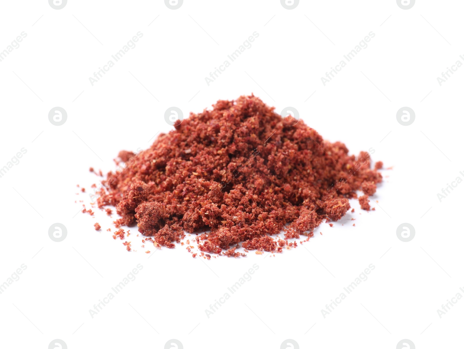 Photo of Heap of dried cranberry powder isolated on white