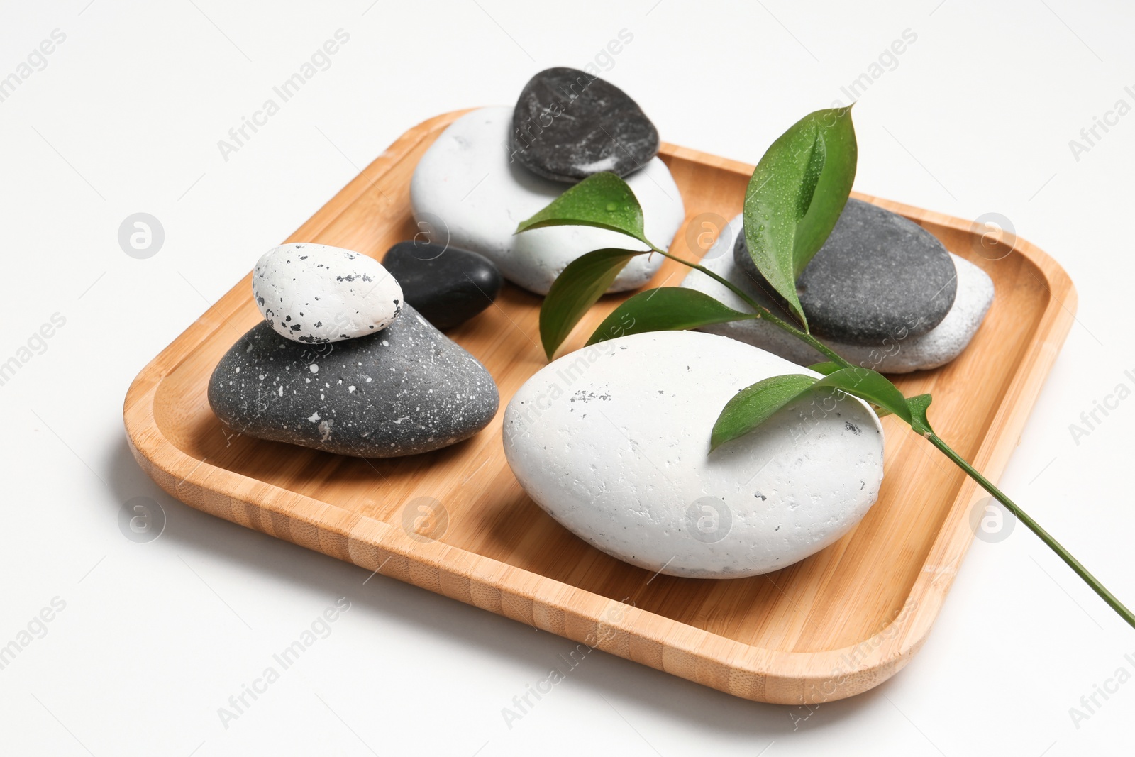 Photo of Plate with spa stones on white background