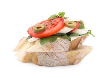 Tasty bruschetta with tomatoes, mozzarella and olives on white background