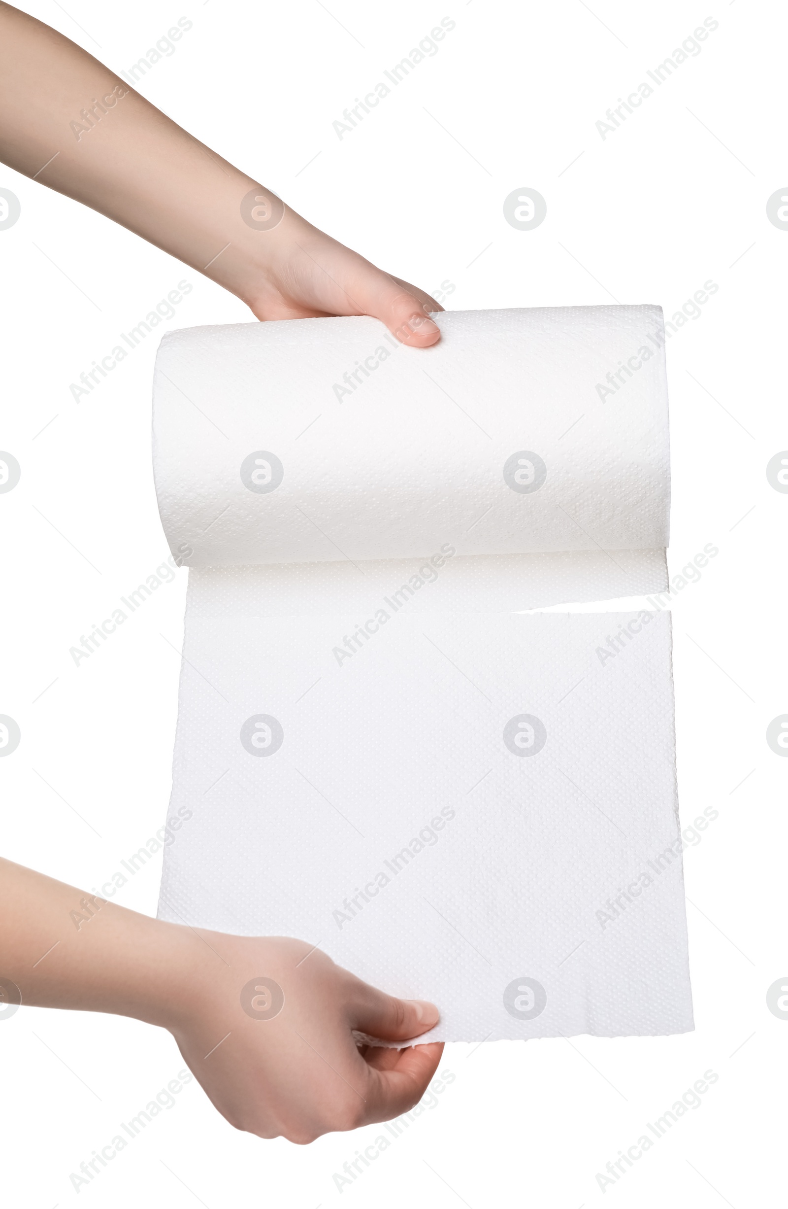 Photo of Woman tearing paper towels on white background, closeup