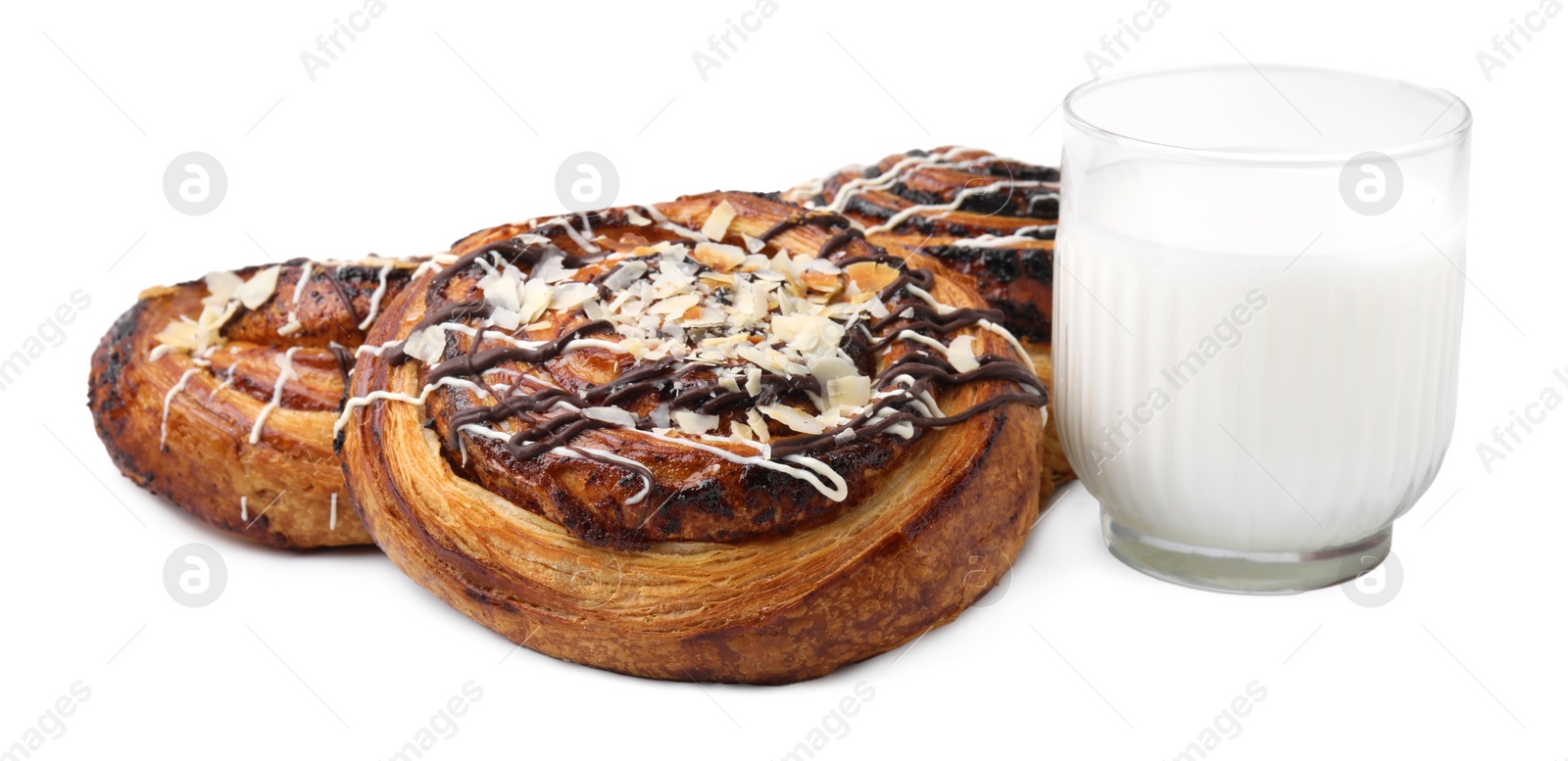 Photo of Different delicious rolls and milk in glass isolated on white. Sweet buns