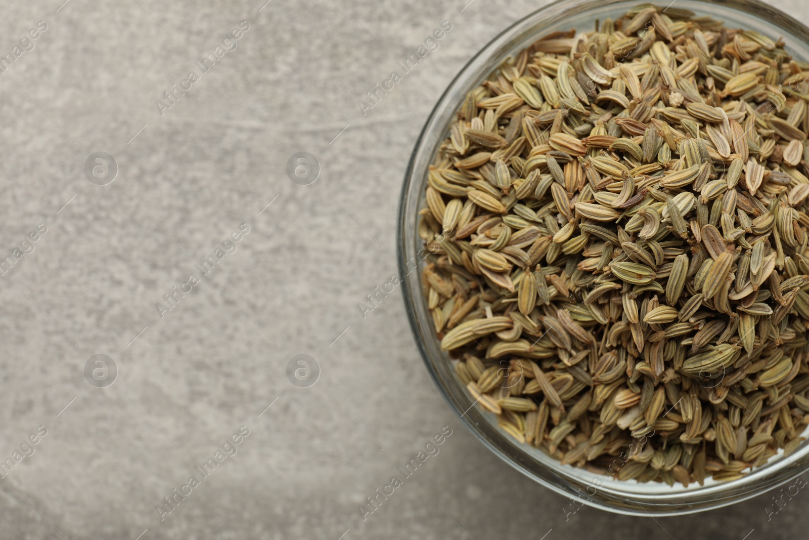 Photo of Fennel seeds in bowl on grey table, top view. Space for text