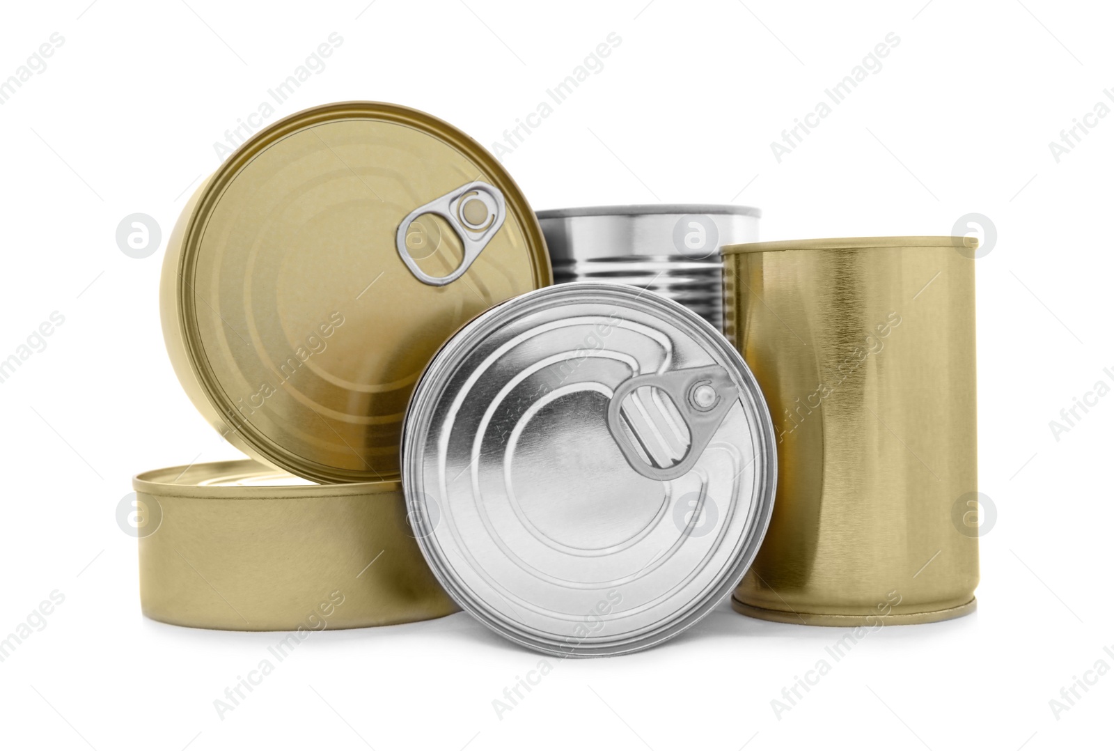 Photo of Closed metal tin cans on white background