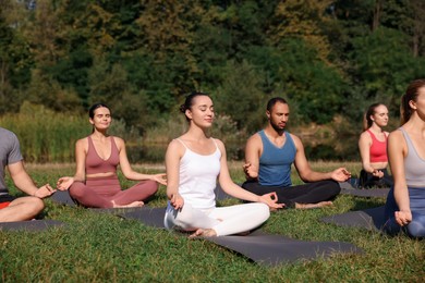 Photo of Group of people practicing yoga on mats outdoors. Lotus pose