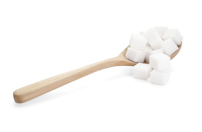 Photo of Many sugar cubes and wooden spoon isolated on white