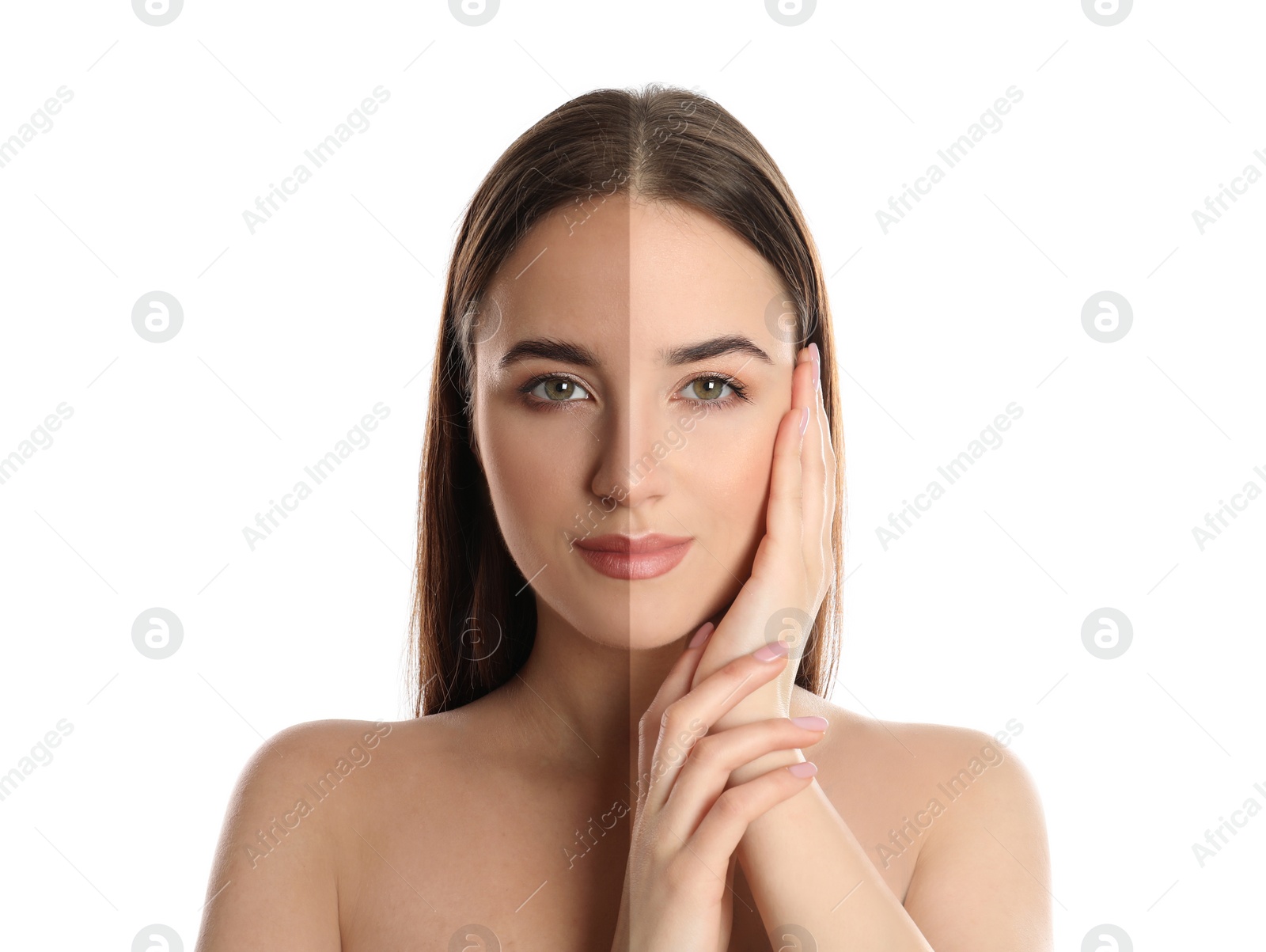 Image of Collage with photos of beautiful young woman before and after indoor tanning on white background