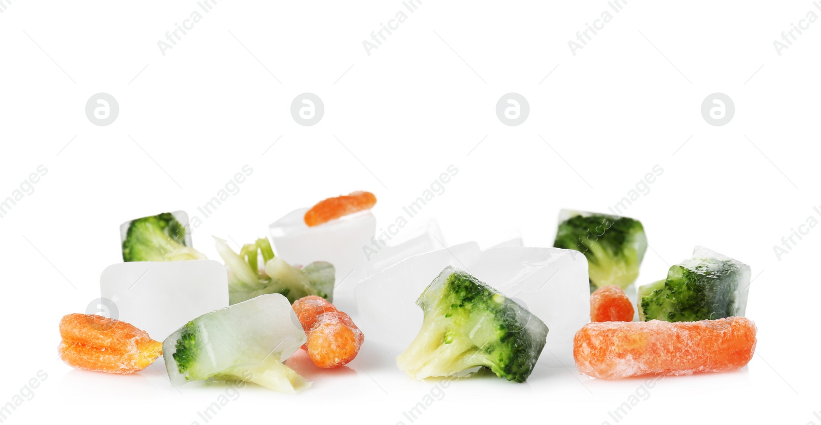 Photo of Frozen vegetables and ice cubes on white background