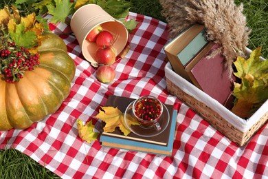 Photo of Books, cup of tea and pumpkin on plaid outdoors. Autumn atmosphere