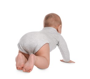 Cute little baby crawling on white background