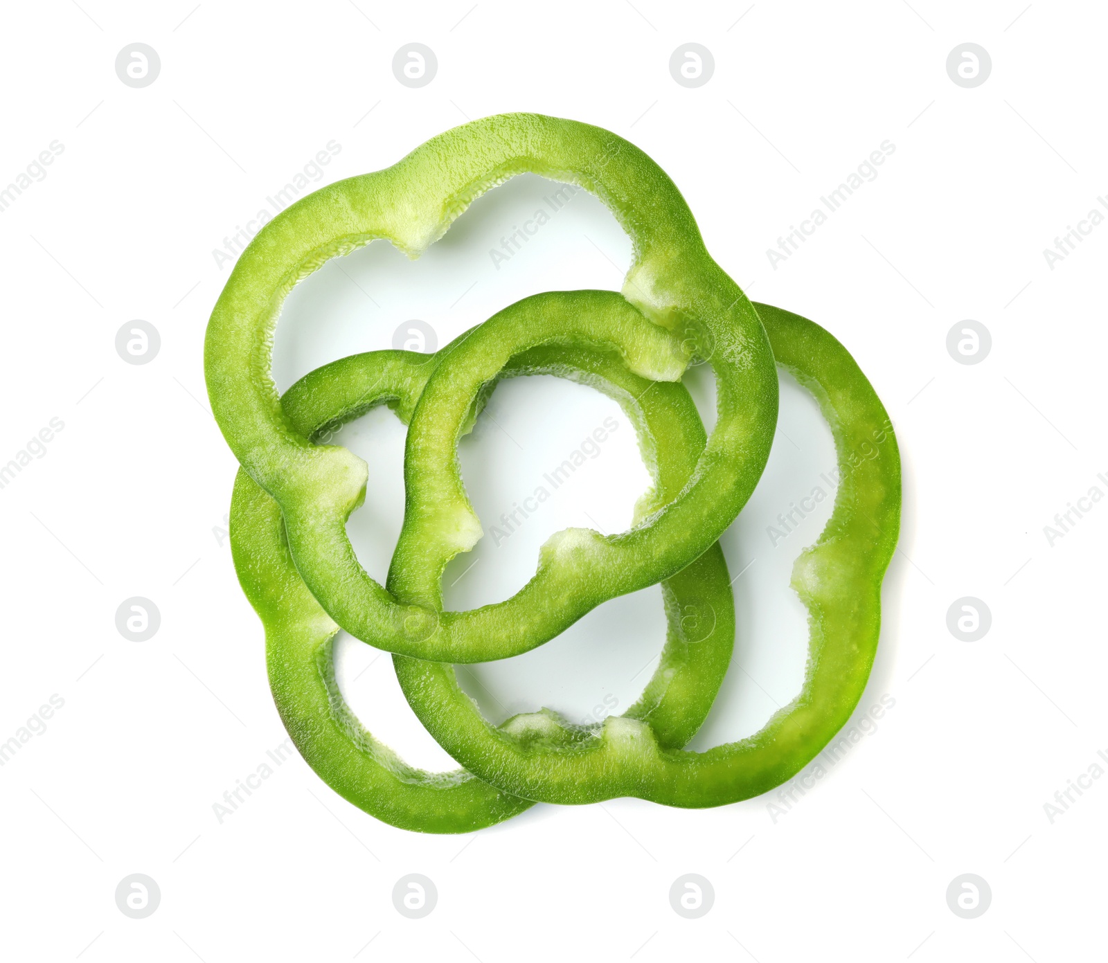 Photo of Rings of tasty green bell pepper on white background, top view